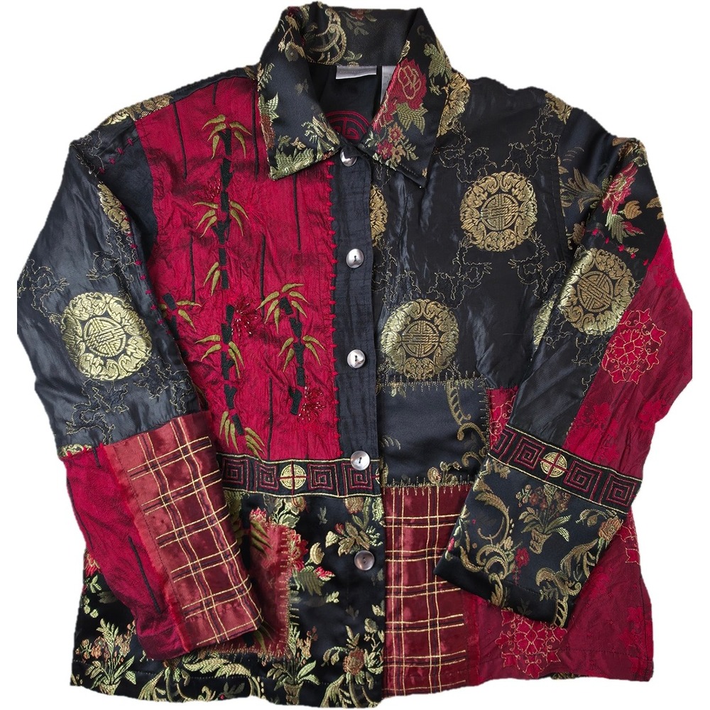 Chico's Silk Patchwork Jacket Women 1 Red Black Gold Embroidered Asian Inspired